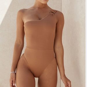 House of CB tan one shoulder one piece swimsuit